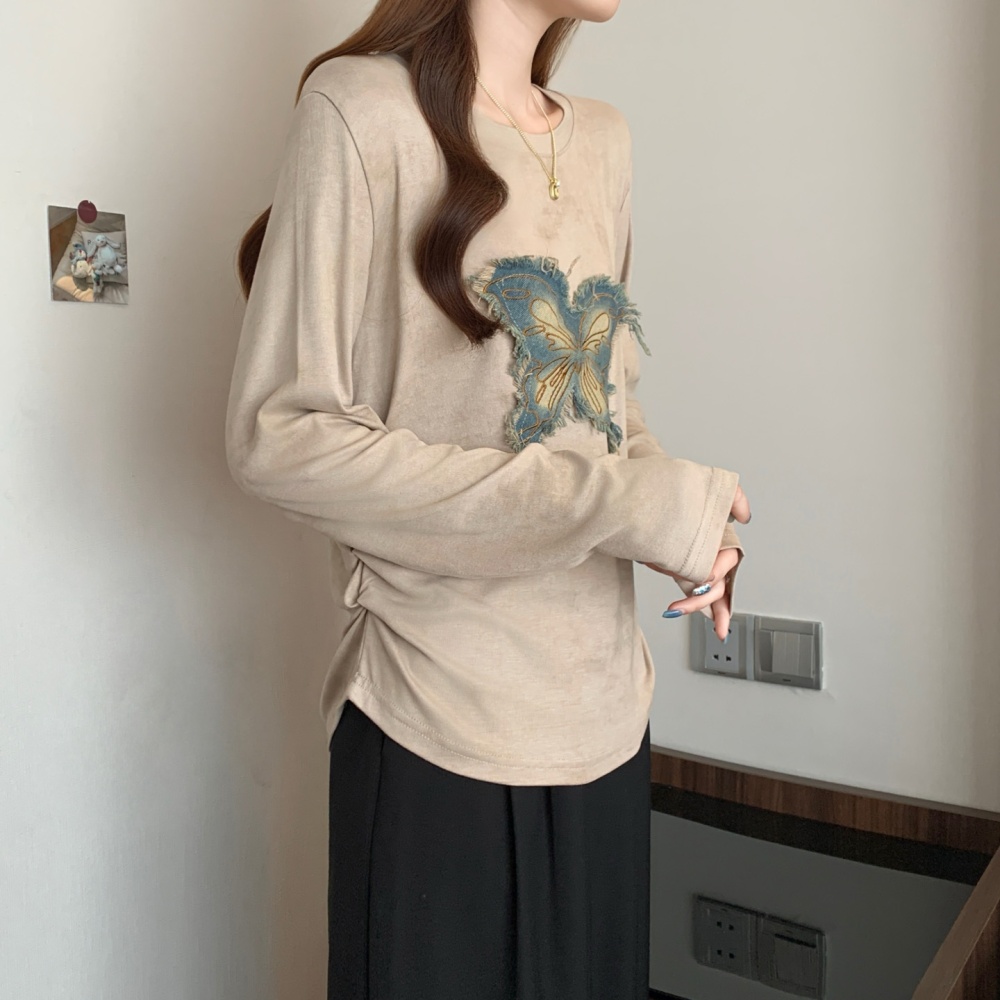 American style pinched waist tops autumn butterfly T-shirt