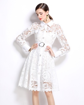 Autumn crochet lapel pinched waist dress