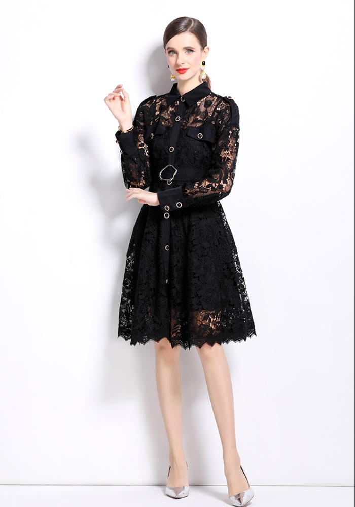 Autumn crochet lapel pinched waist dress
