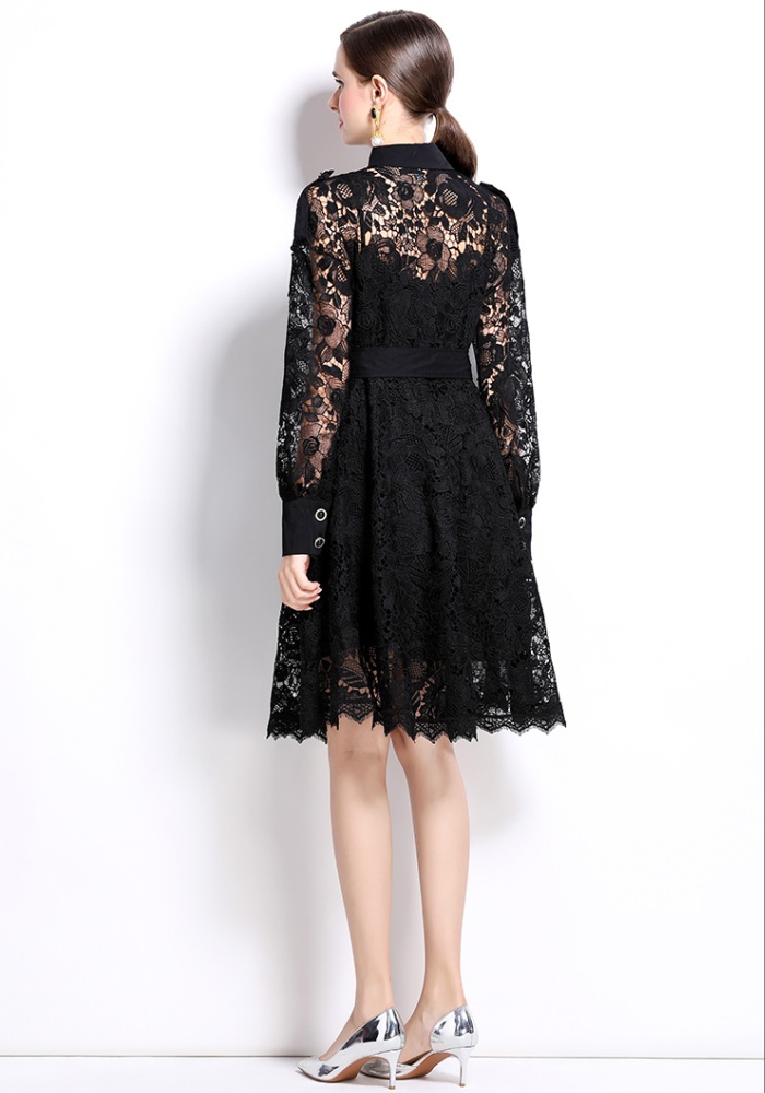 Autumn crochet lapel pinched waist dress