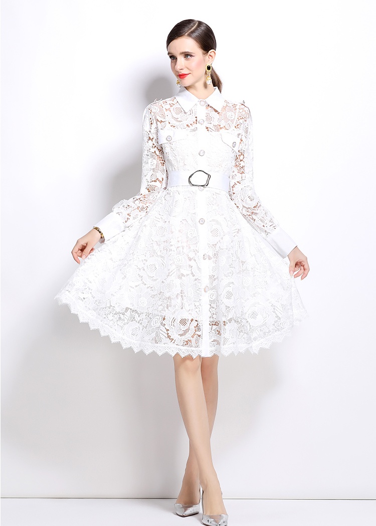 Autumn crochet lapel pinched waist dress