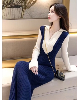 Mixed colors winter unique blue-white dress for women