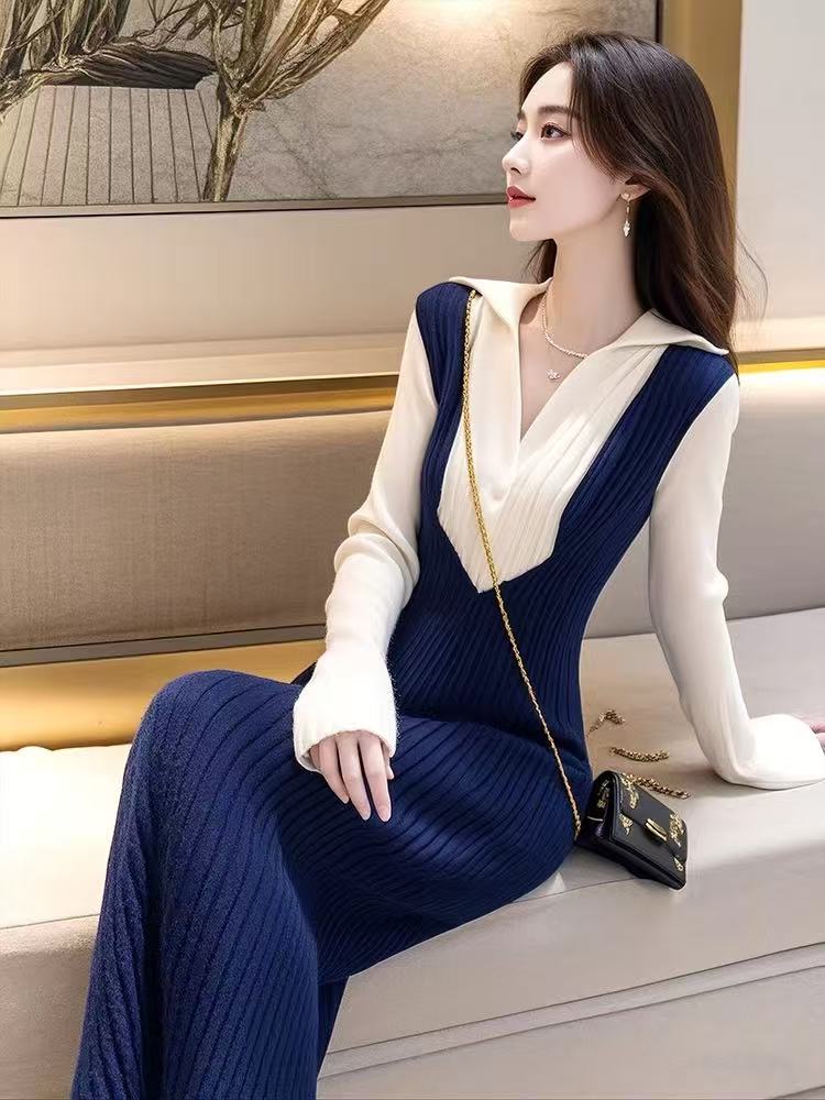 Mixed colors winter unique blue-white dress for women