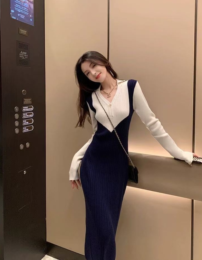 Mixed colors winter unique blue-white dress for women