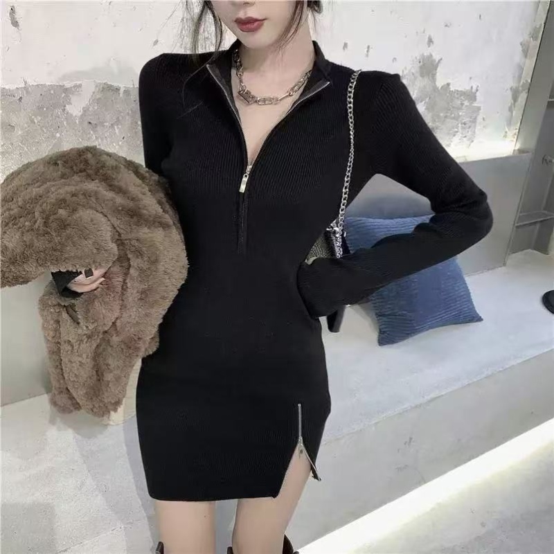 Niche package hip slim knitted zip dress