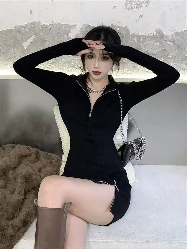 Niche package hip slim knitted zip dress
