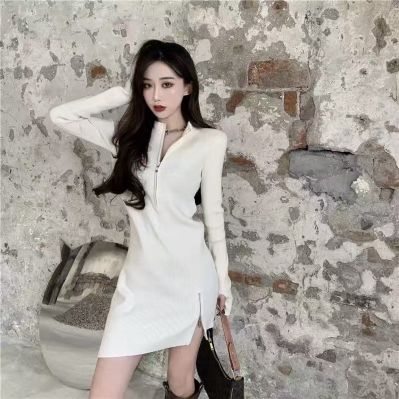 Niche package hip slim knitted zip dress