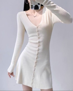 Pinched waist A-line V-neck slim long sleeve dress for women