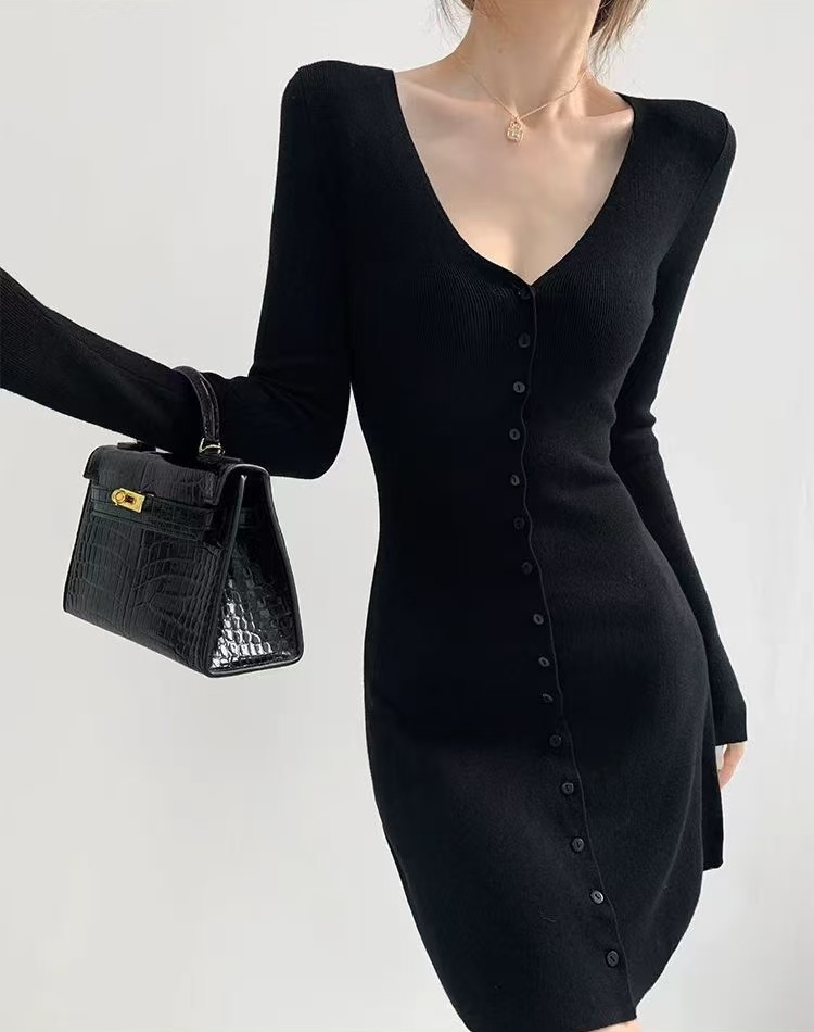 Pinched waist A-line V-neck slim long sleeve dress for women