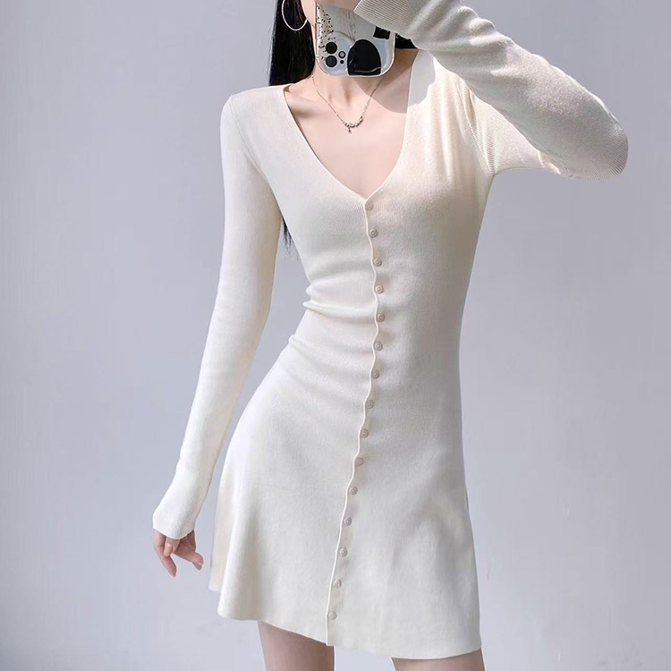 Pinched waist A-line V-neck slim long sleeve dress for women