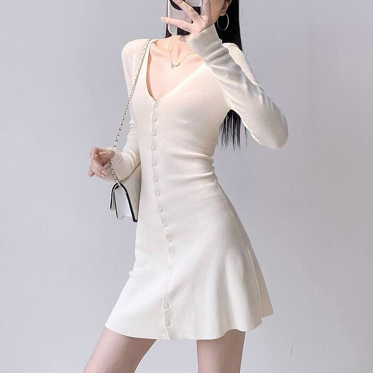 Pinched waist A-line V-neck slim long sleeve dress for women