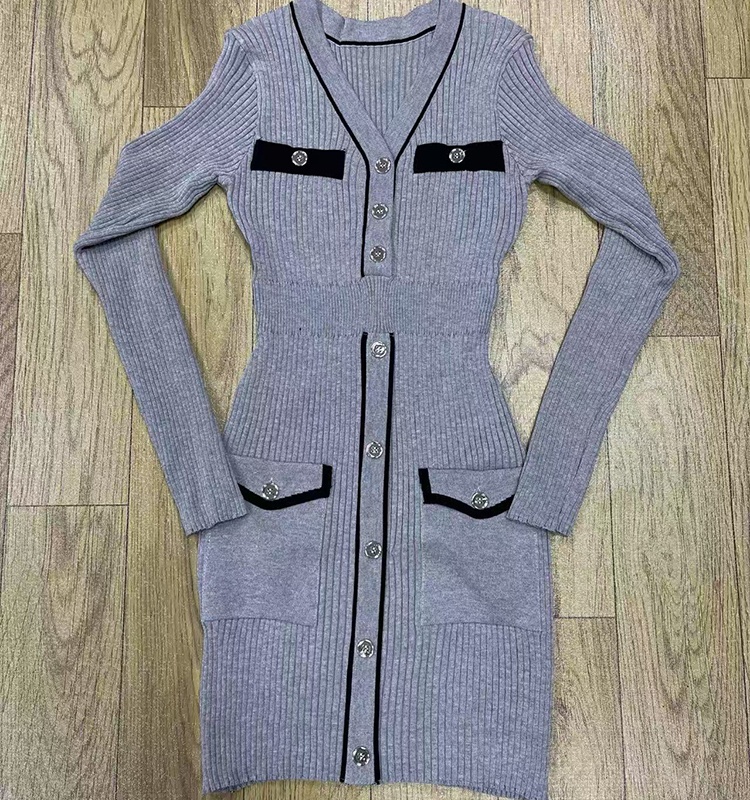 V-neck autumn and winter chanelstyle knitted slim dress
