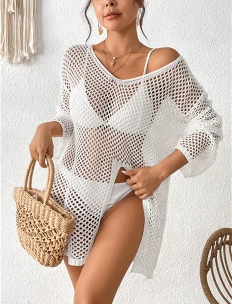 Hollow sandy beach smock V-neck long sleeve beach dress