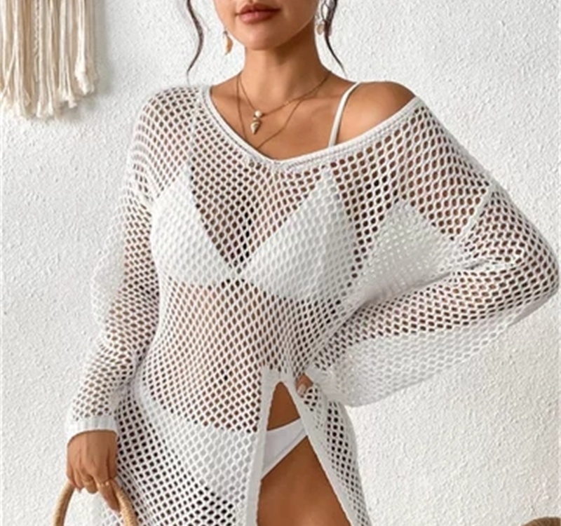 Hollow sandy beach smock V-neck long sleeve beach dress