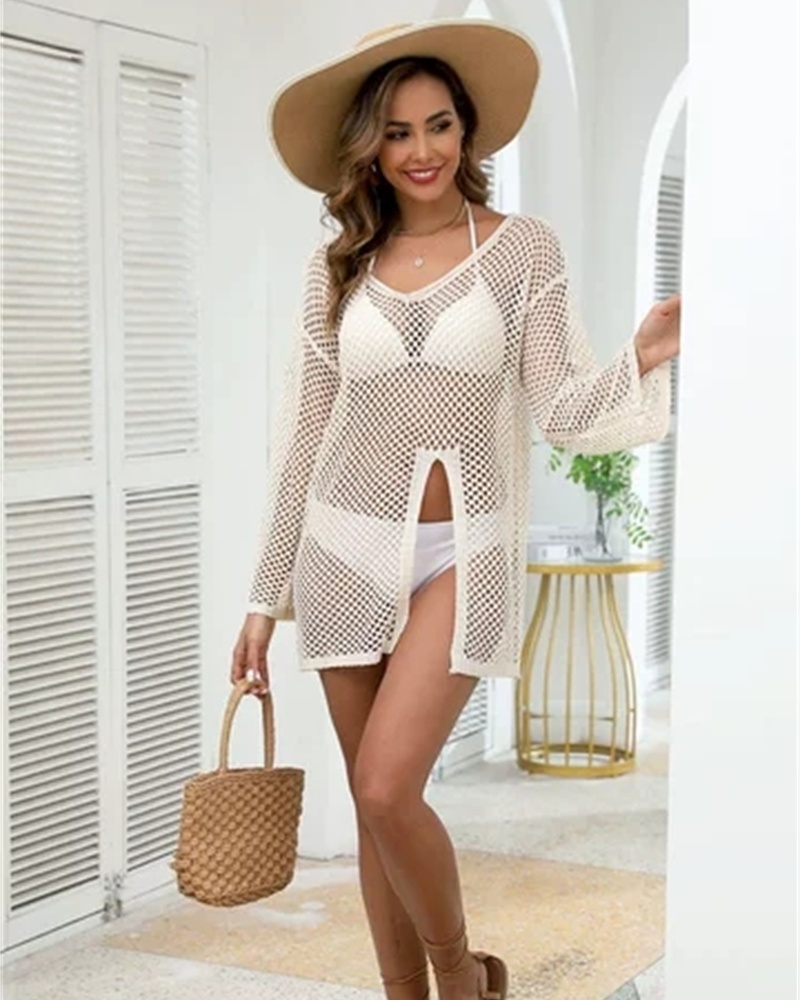 Hollow sandy beach smock V-neck long sleeve beach dress