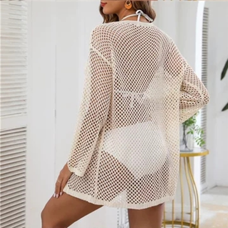 Hollow sandy beach smock V-neck long sleeve beach dress