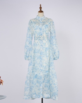France style splice big skirt retro lace printing dress
