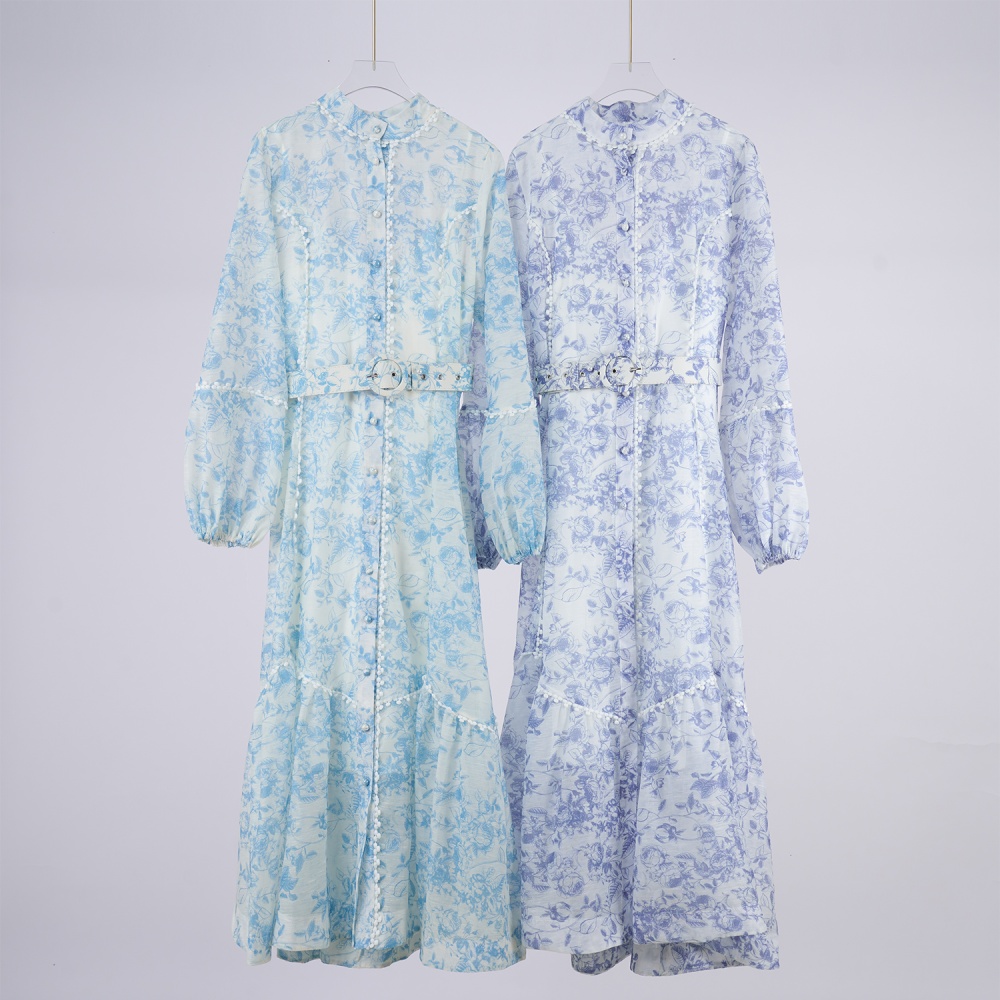 France style splice big skirt retro lace printing dress