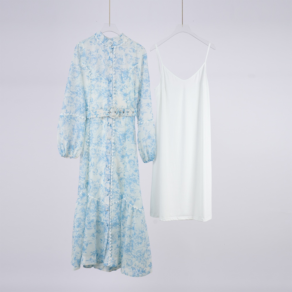 France style splice big skirt retro lace printing dress