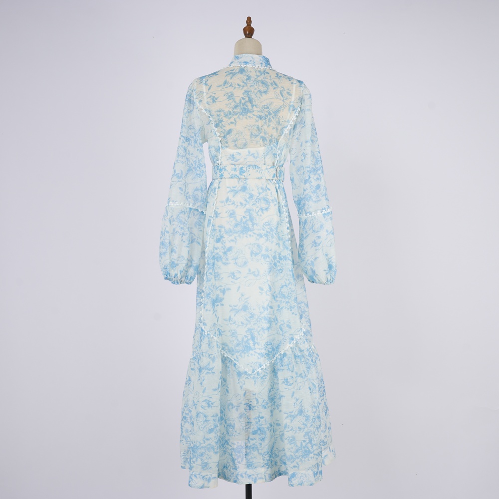 France style splice big skirt retro lace printing dress