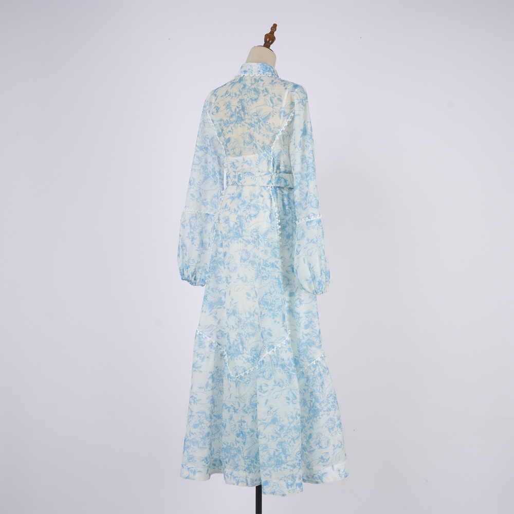 France style splice big skirt retro lace printing dress