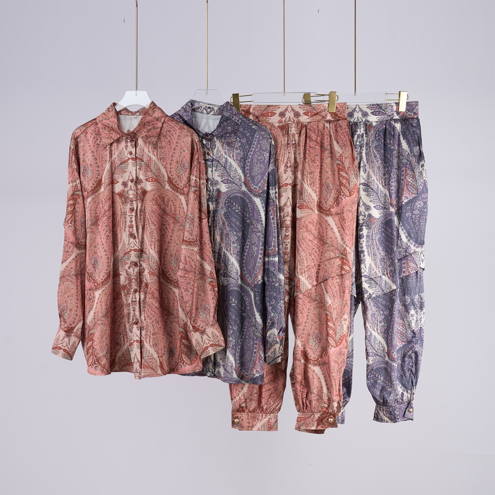 Casual straight casual pants printing shirt a set