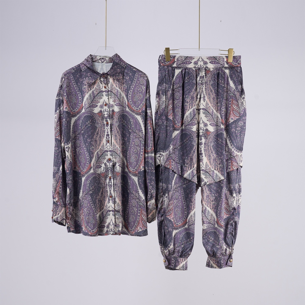 Casual straight casual pants printing shirt a set