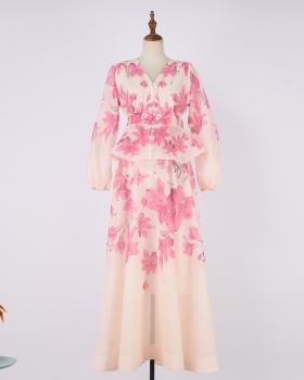 Long silk linen skirt mood buckle tops a set