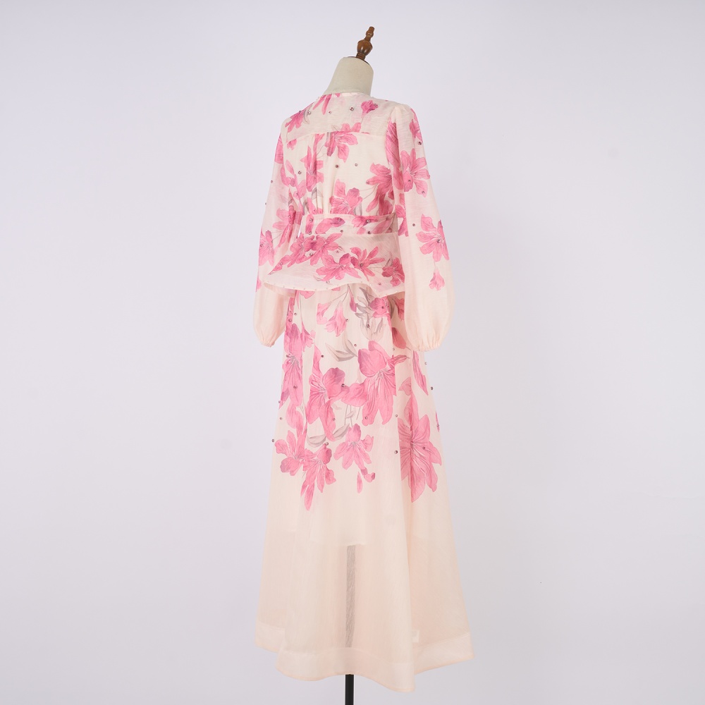 Long silk linen skirt mood buckle tops a set