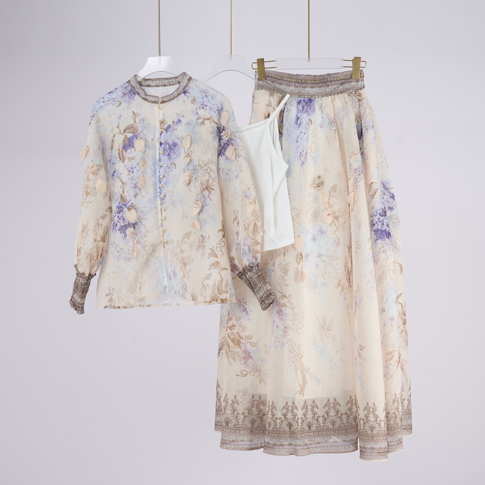 Slim colors skirt printing pinched waist shirt a set