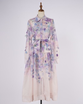 European style lapel belt printing dress for women