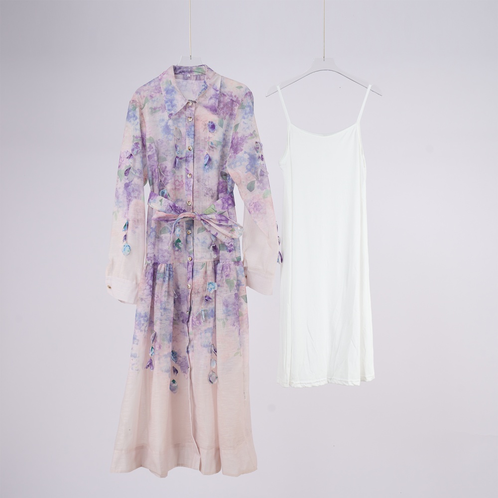 European style lapel belt printing dress for women