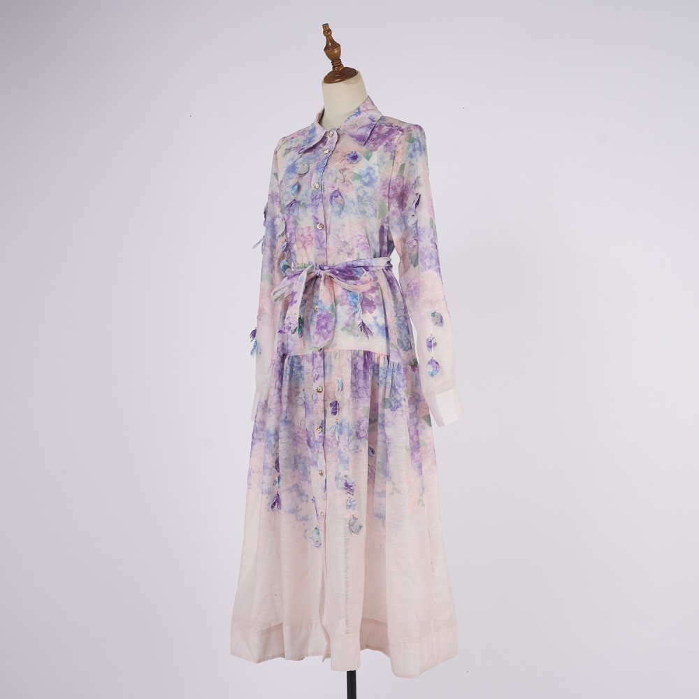 European style lapel belt printing dress for women