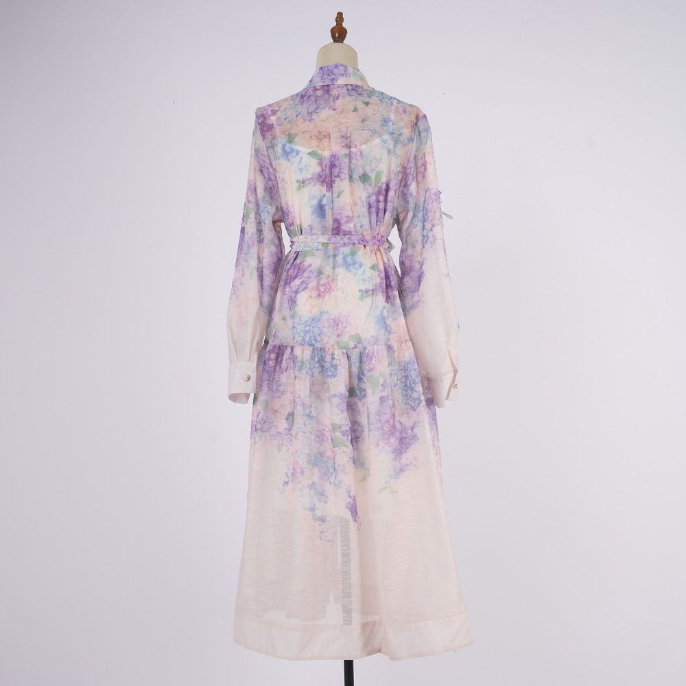 European style lapel belt printing dress for women