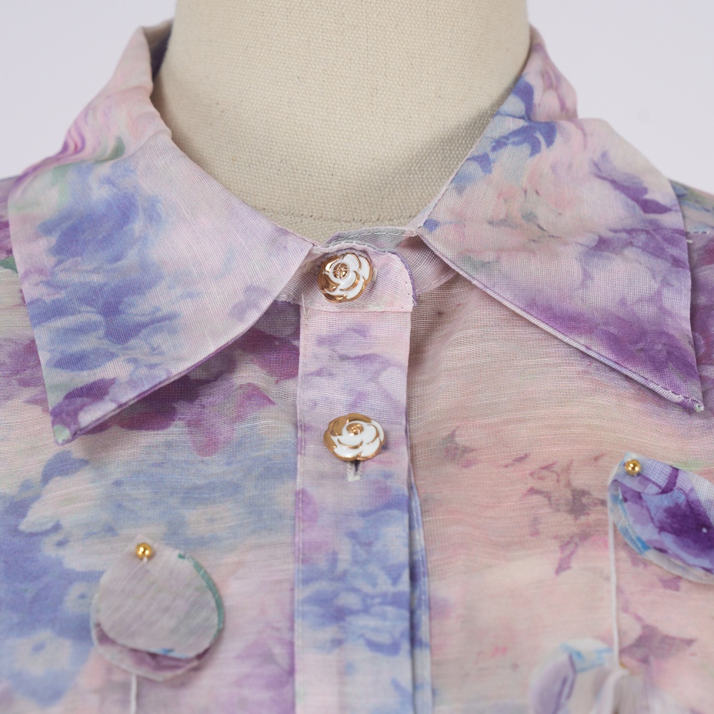 European style lapel belt printing dress for women