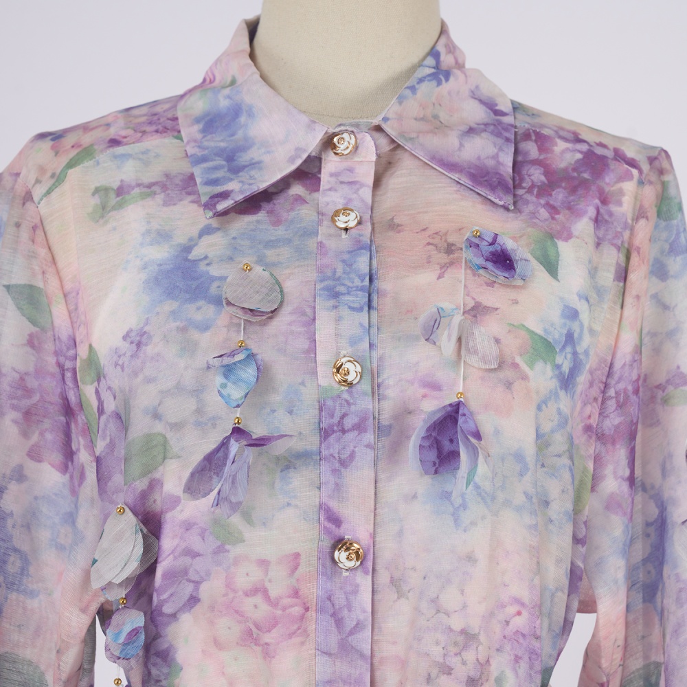 European style lapel belt printing dress for women
