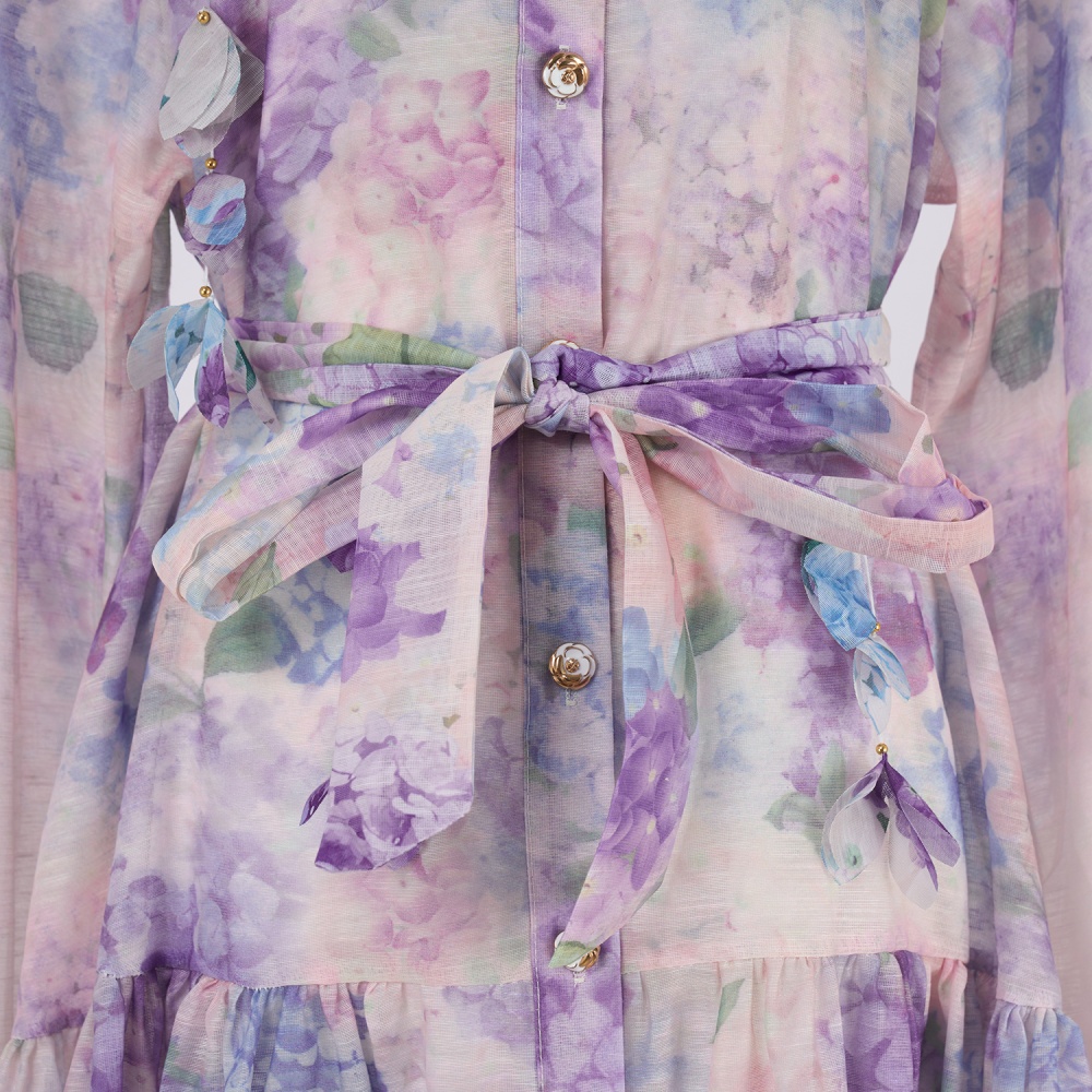 European style lapel belt printing dress for women