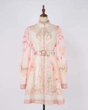 Printing court style T-back pinched waist dress