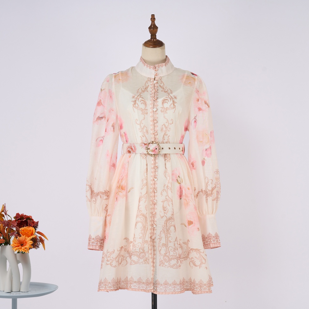 Printing court style T-back pinched waist dress