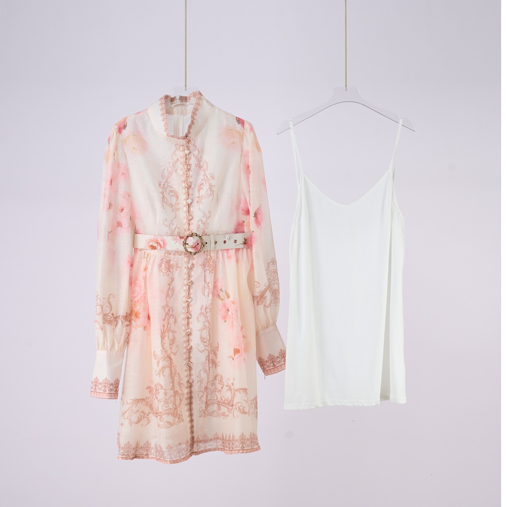 Printing court style T-back pinched waist dress
