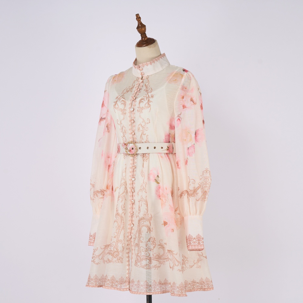 Printing court style T-back pinched waist dress