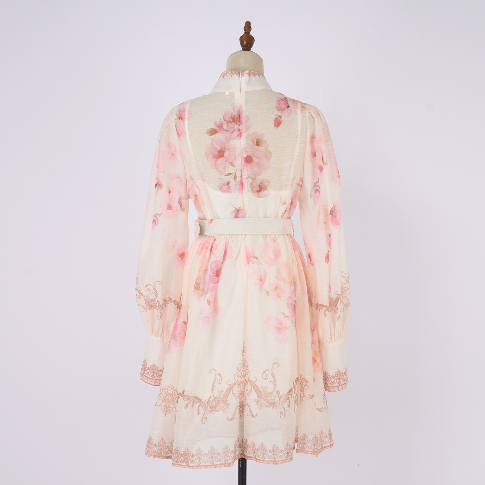 Printing court style T-back pinched waist dress