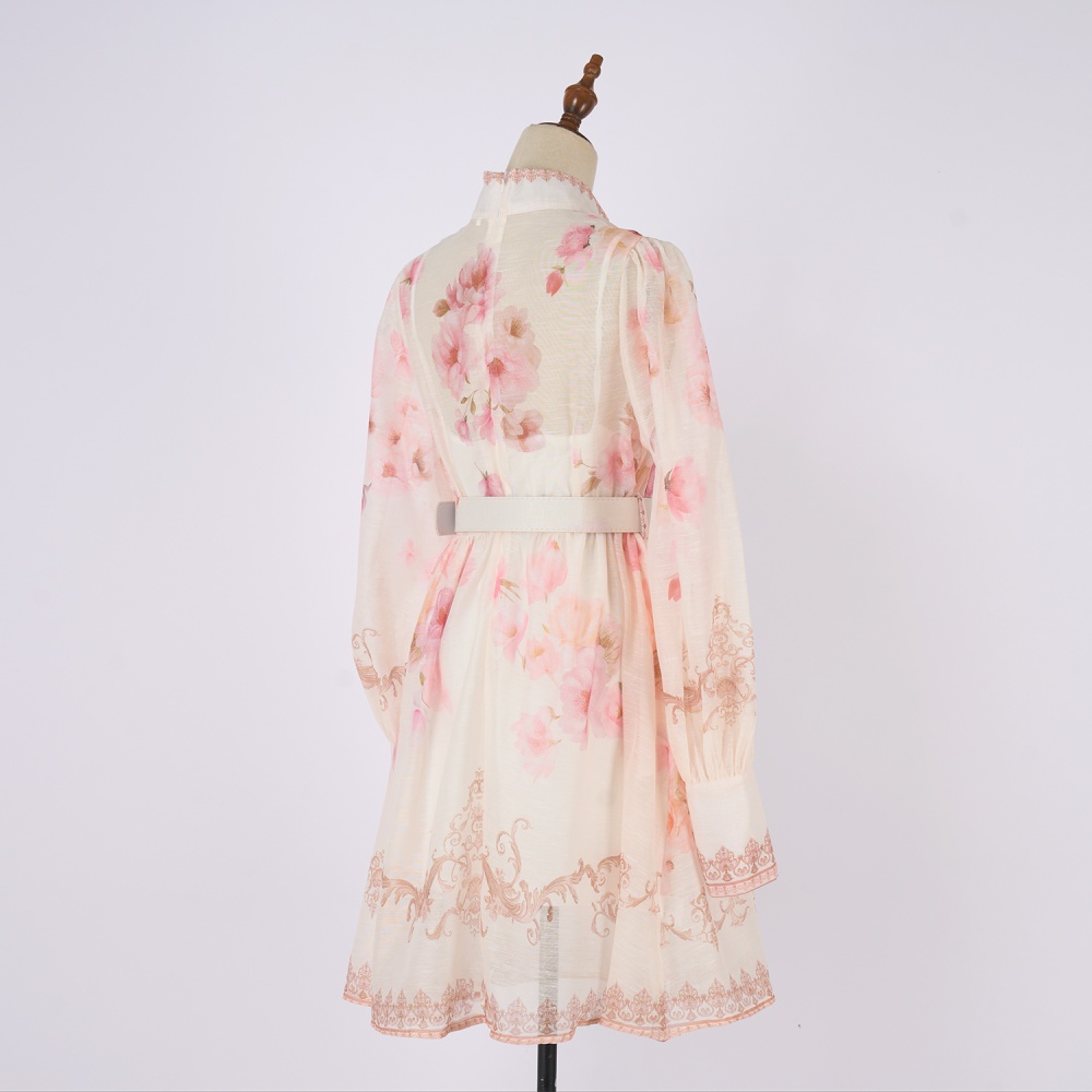Printing court style T-back pinched waist dress