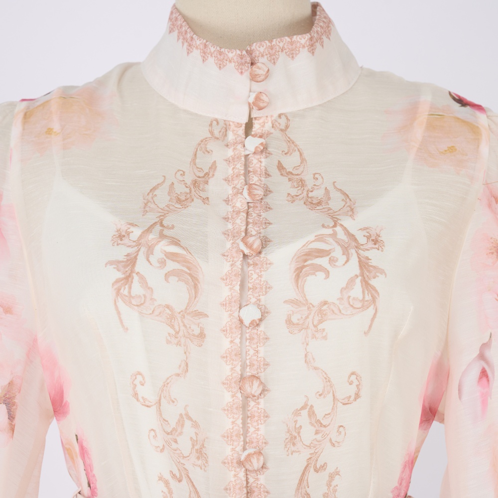 Printing court style T-back pinched waist dress