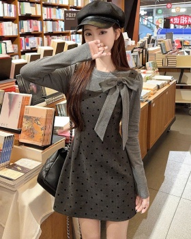 Strap polka dot dress long sleeve T-shirt 2pcs set for women