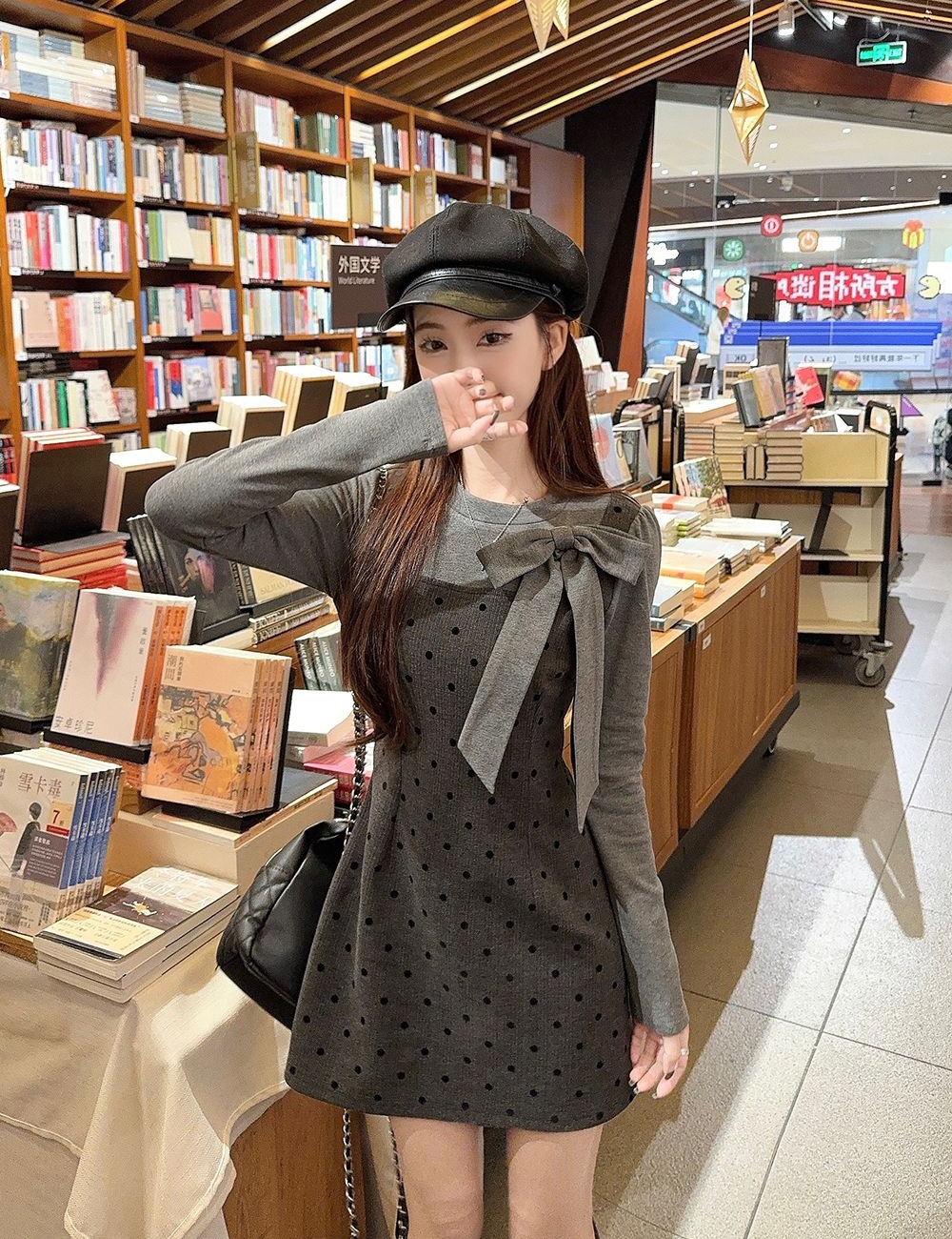 Strap polka dot dress long sleeve T-shirt 2pcs set for women