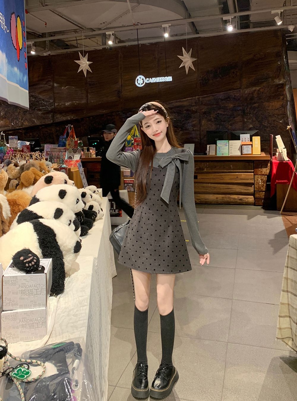 Strap polka dot dress long sleeve T-shirt 2pcs set for women