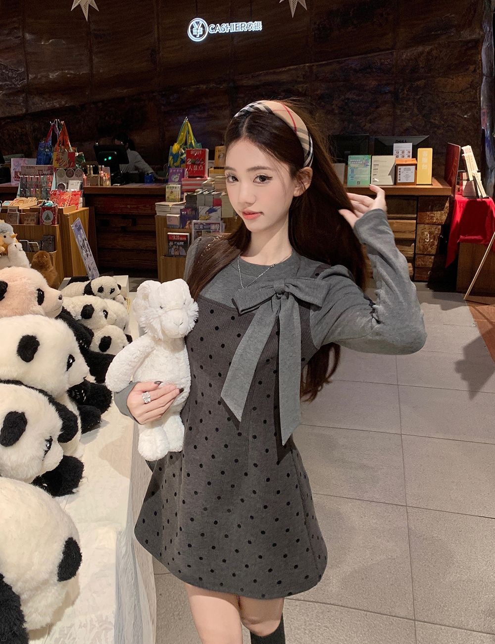 Strap polka dot dress long sleeve T-shirt 2pcs set for women