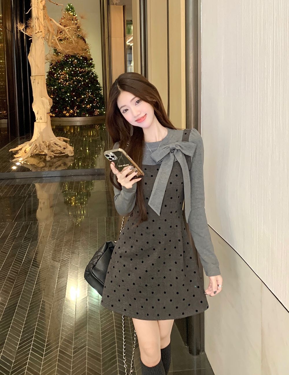 Strap polka dot dress long sleeve T-shirt 2pcs set for women