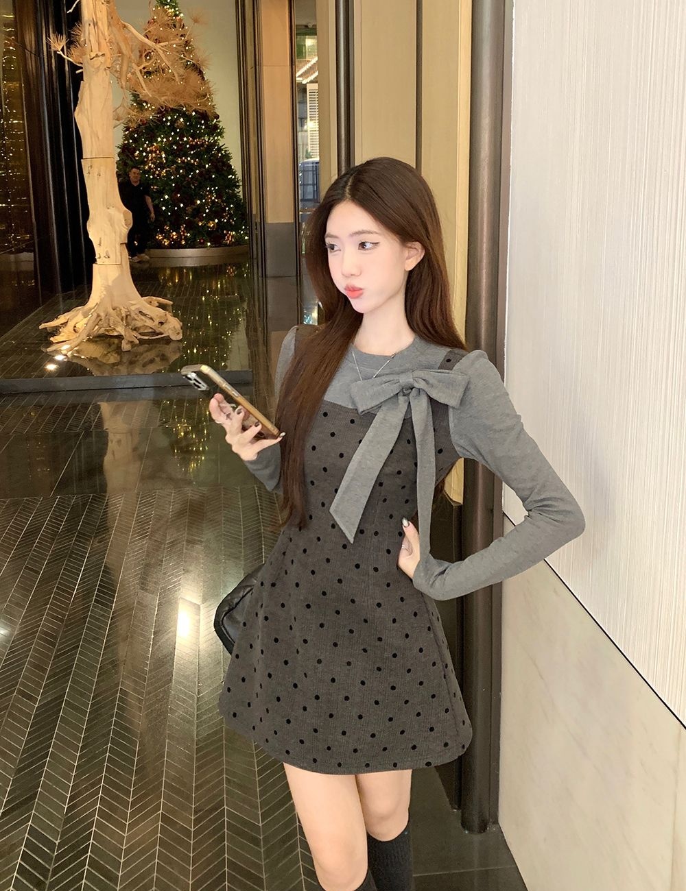 Strap polka dot dress long sleeve T-shirt 2pcs set for women